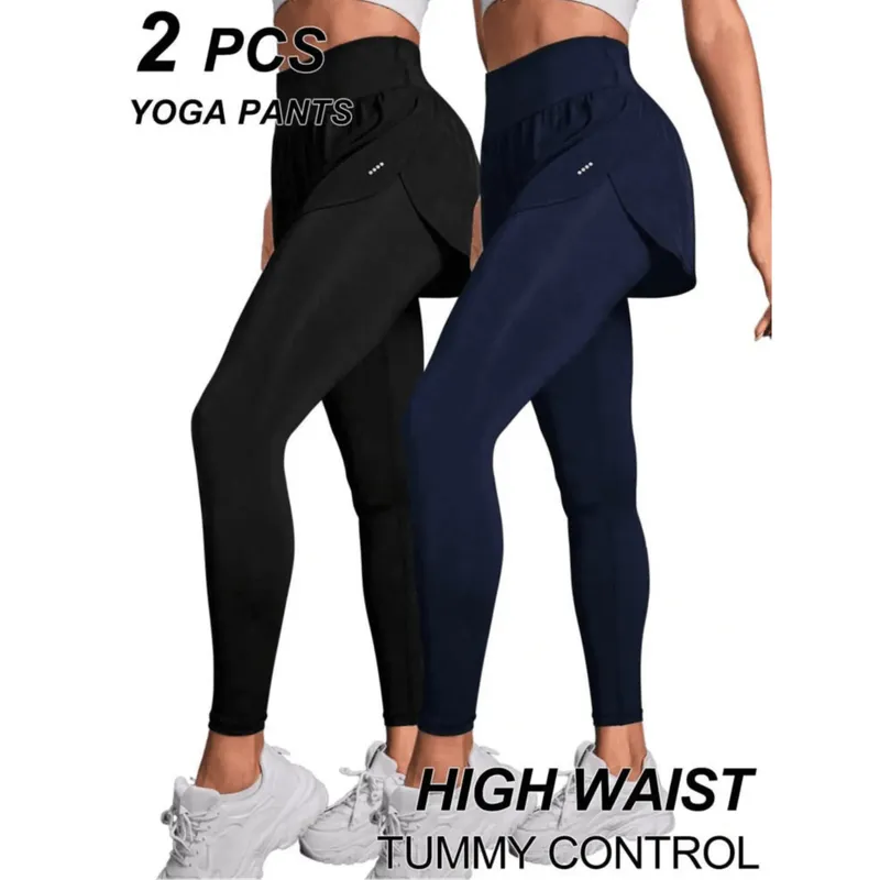 2-Piece High-Waist 2-in-1 Leggings Set – Women’s Solid Color Activewear – Size Large