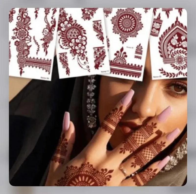 4pcs Henna Lace Ribbon Temporary Tattoo Stickers – Brown Waterproof Floral Lace for Hand & Body Art