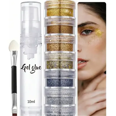 8-Color Glitter Makeup Set with Gel Glue & Dual Brush