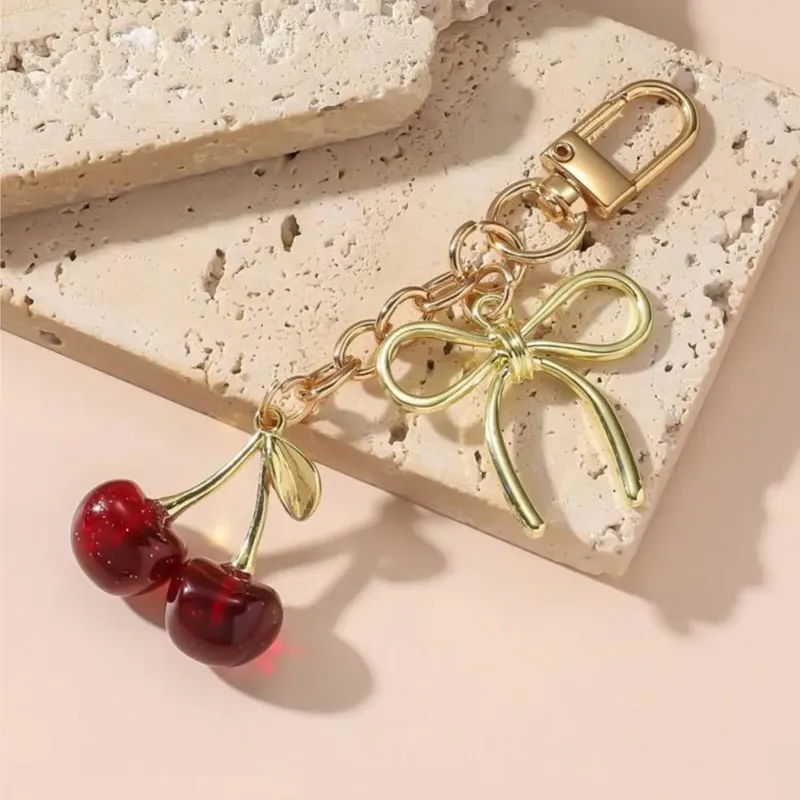 Cherry & Bow Gold Keychain
