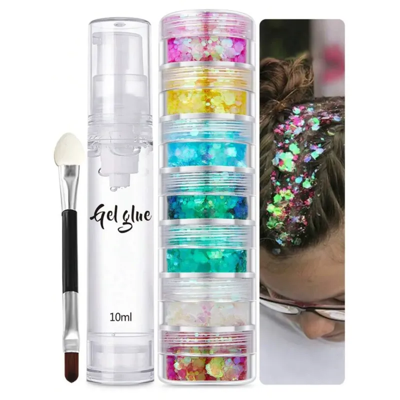 Chunky Glitter Gel Set – 8 Rainbow Colors with Glue & Applicator
