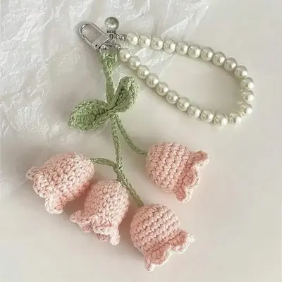 Crochet Tulip Bag Charm with Pearl Handle