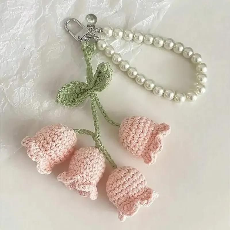 Crochet Tulip Bag Charm with Pearl Handle