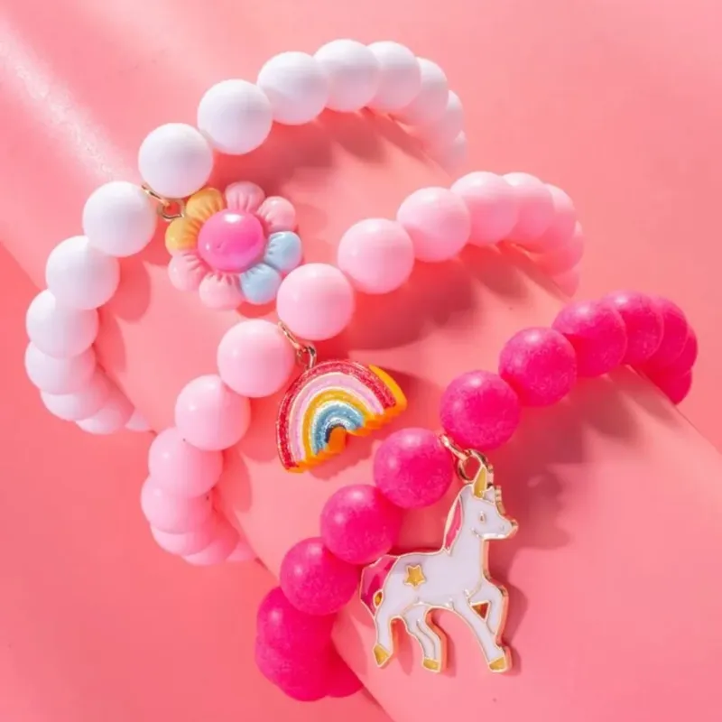 Girls Unicorn Charm Beaded Bracelet 3 pcs