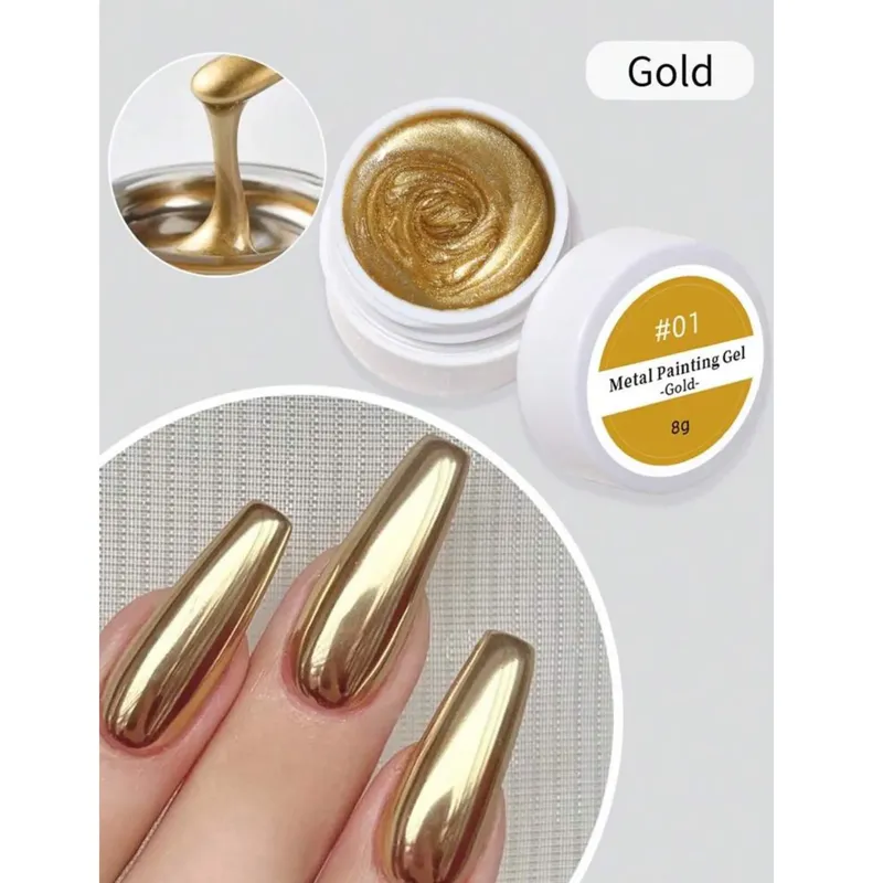LYTTOA 8g High Gloss Liquid Mirror Metal Gel – Gold Trim Color Paint, 3D Super Flash Gel for Nail Art Salon