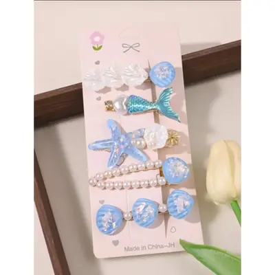 Mermaid & Ocean-Inspired Hair Clips Set – 6-Piece Set with Pearls and Resin Charms