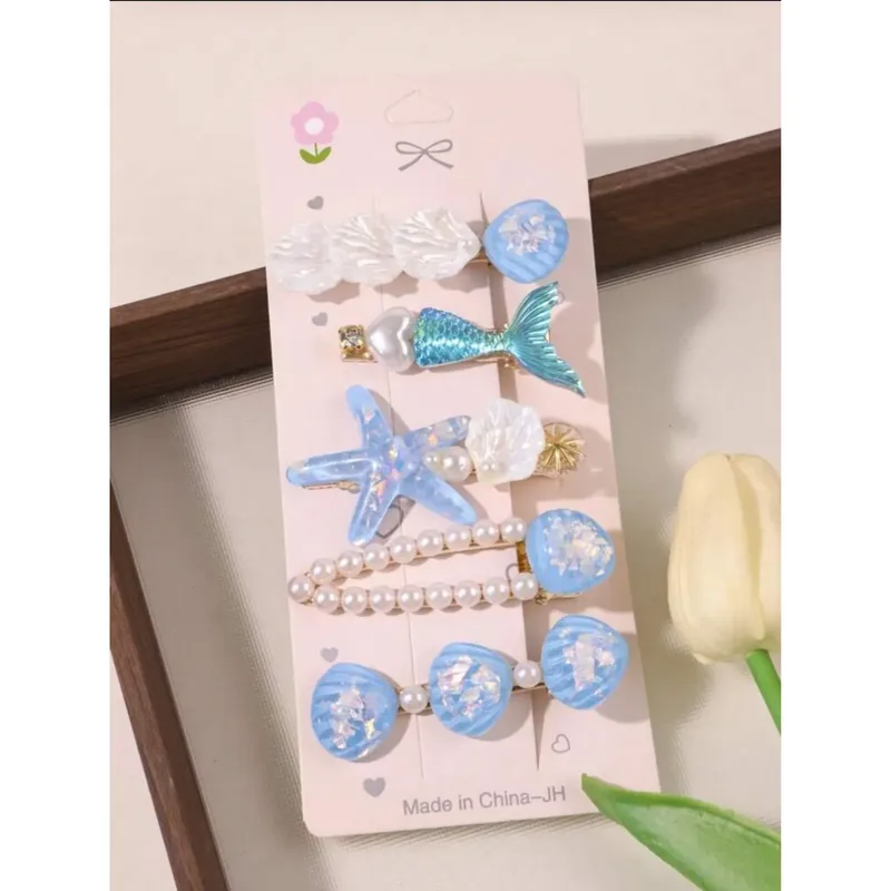 Mermaid & Ocean-Inspired Hair Clips Set – 6-Piece Set with Pearls and Resin Charms