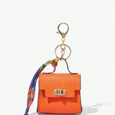 Mini Orange Faux Leather Bag Keychain with Printed Scarf Accent