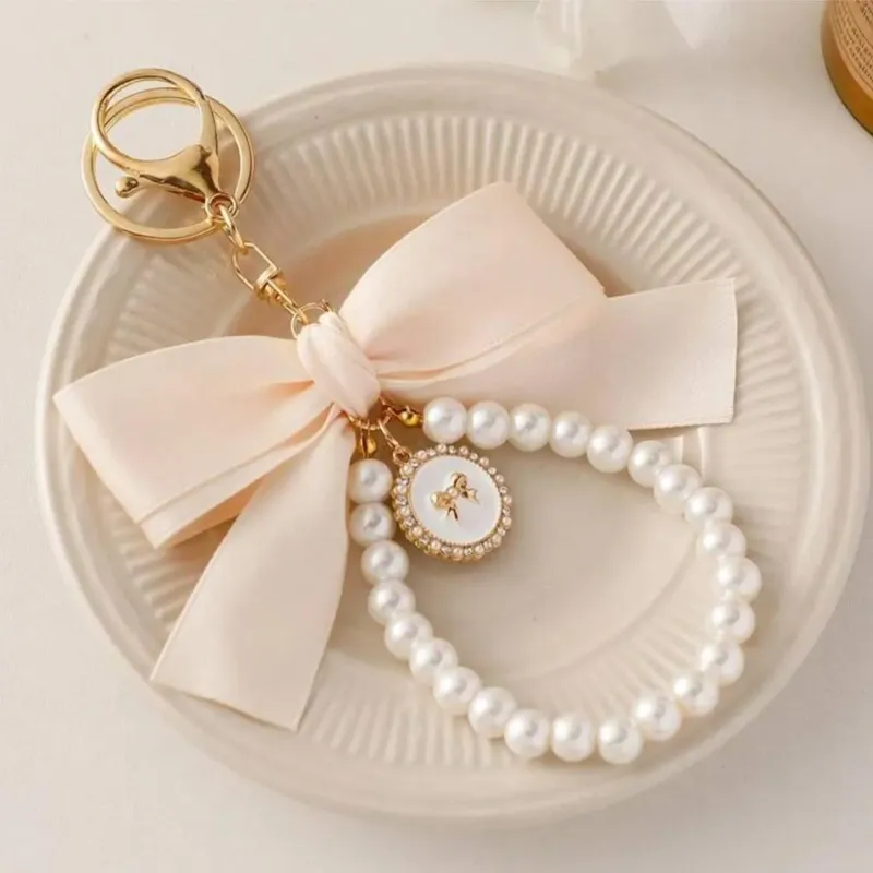 Pearl Keychain with Bow & Angel Charm