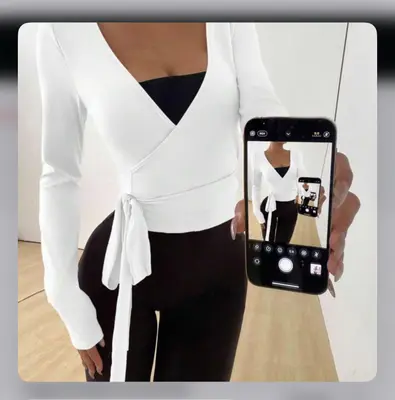 Sunnyshic Soft Wrap V-Neck Long Sleeve Crop Top – White (Size L)