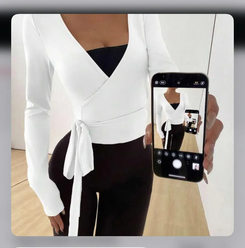 Sunnyshic Soft Wrap V-Neck Long Sleeve Crop Top – White (Size M)