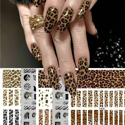 5D Elegant Leopard Design Nail Sticker 4 Matte Brown Leopard Print Lion Tiger Zebra Cute Fall/Winter Sticker Sliders Nail Art Decoration