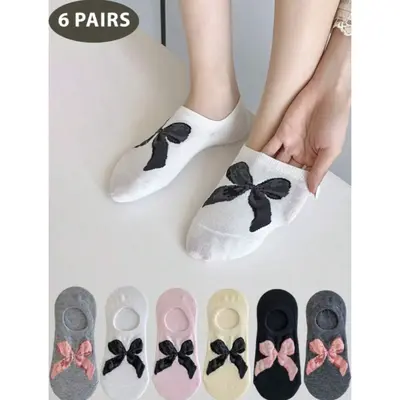 6 Pairs of Women's No-Show Socks with Decorative Bow – Assorted Colors