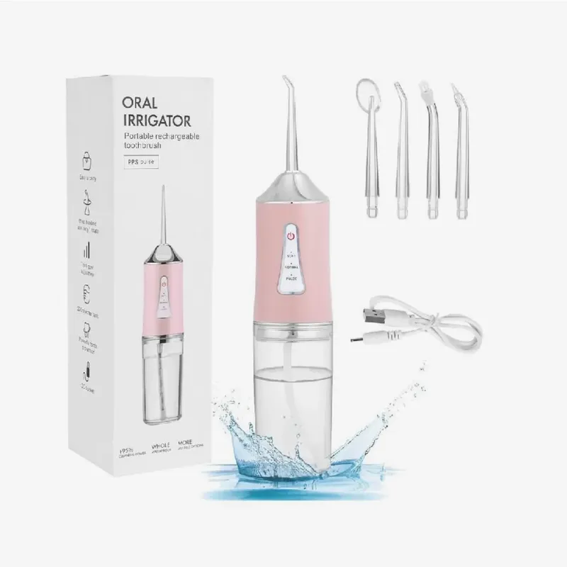 Water Dental Flosser Oral Irrigator With 3 Modes Cordless Water Teeth Cleaner Pick 4 Tips, pink
