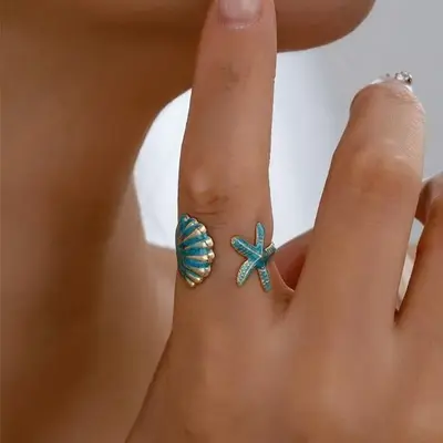 Summer Beach Enameled Starfish & Shell Adjustable Ring