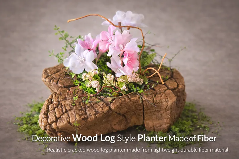Cracked Wood Log Style Decorative Flower Planter Made of Fiber