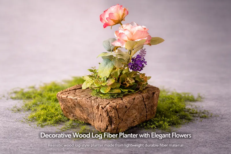 Decorative Wood Log Style Fiber Planter with Elegant Artificial Flowers Medium Size