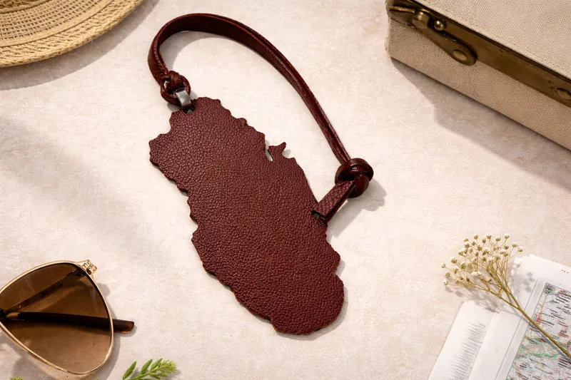 Premium leather keychain Qatar map design burgundy color medium size
