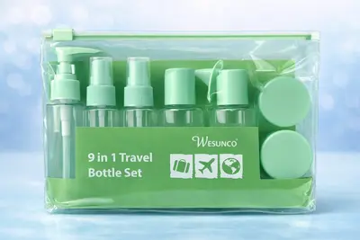 9 in 1 Travel Bottle Set Green With Clear Pouch One Piece