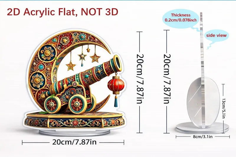 Ramadan 2D Acrylic Flat Decor Crescent and Cannon Design 20 cm