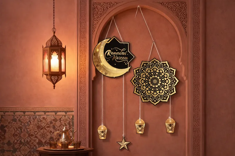 Luxury Ramadan Hanging Wall Decor Crescent and Lantern Design